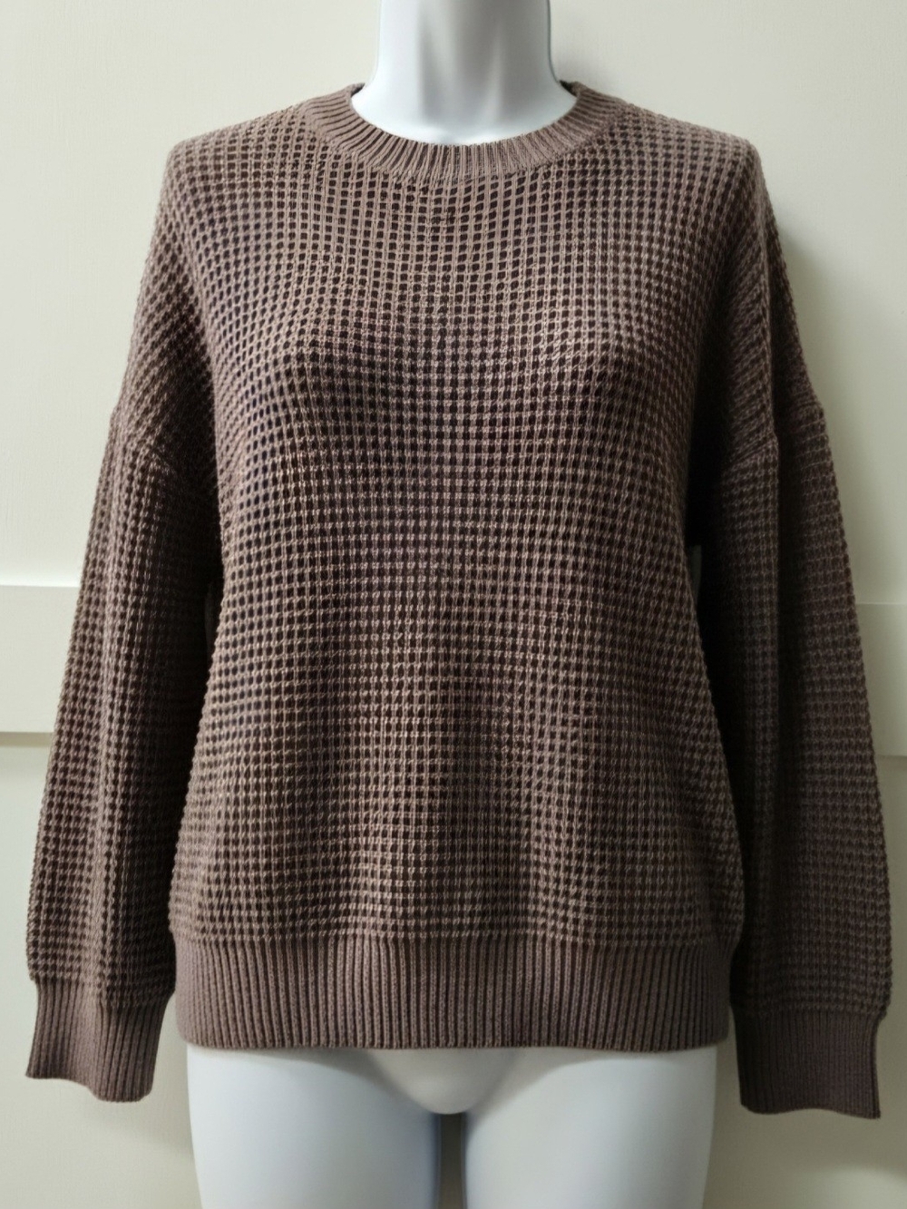 Pulse Waffle-Knit Crewneck Sweater - Taupe Brown
